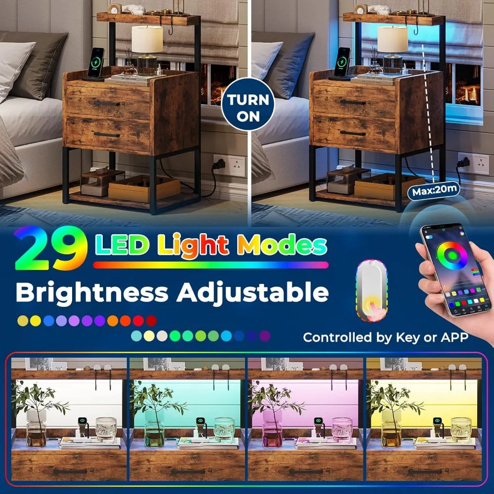LED Nightstand Set of 2 with Charging Station, 2 Drawers Night Stand with LED Lights for Bedroom, 2 USB Ports, 2 Power Outlets,