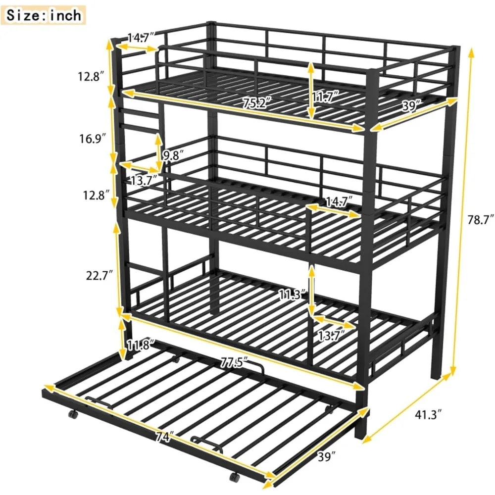 Twin Size Heavy Duty Triple Bunk Bed with Trundle and Ladder, Guardrails for Kids, Adults, Teens, Bedroom, No Box Spring Needed,