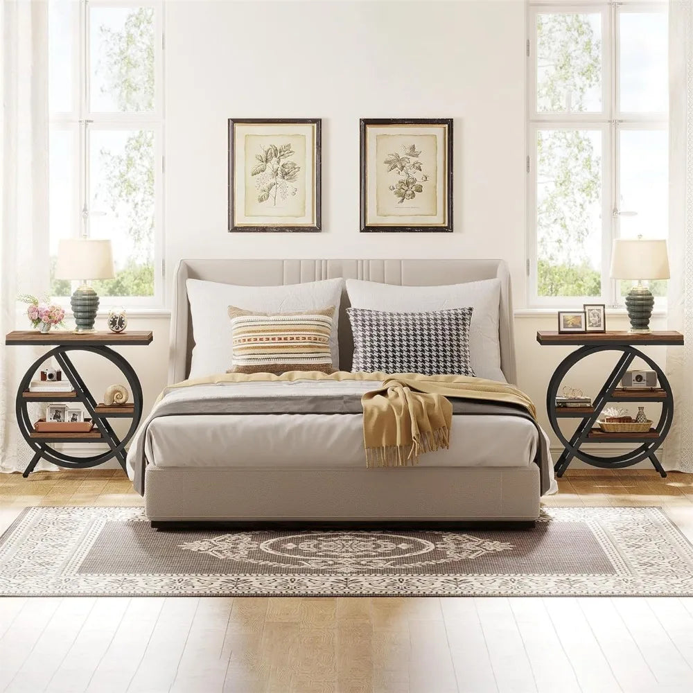 End Table Set of 2, 3-Tier Narrow Sofa Side Table with Storage for Living Room, Wood End Table with Geometric Metal Frame, Indu