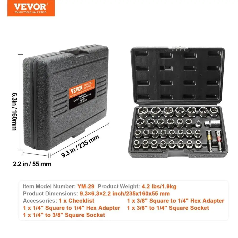 Bolt Extractor Set, 29-Piece Bolt and Nut Remover Set, 6mm to 10mm, 13/32" to 3/4", CR-MO Steel Extraction Socket Set with