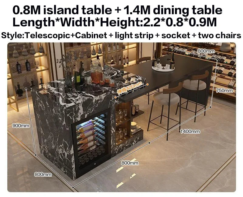 Luxury Marble Kitchen Island Set with Dining Table, Wine Refrigerator, LED Lights, 2-Layer Storage & Artistic Sculpture Base