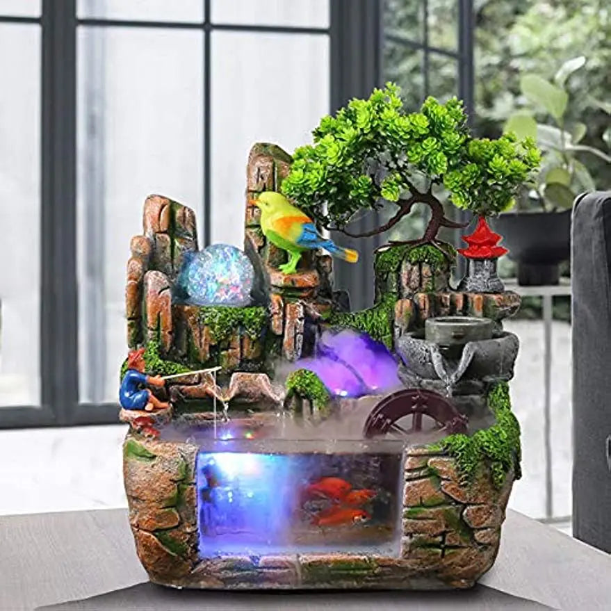 Desktop Fountain Waterfall with Rockery Indoor Relaxation Tabletop Resin Ornament and Light Bird Fisherman for Home