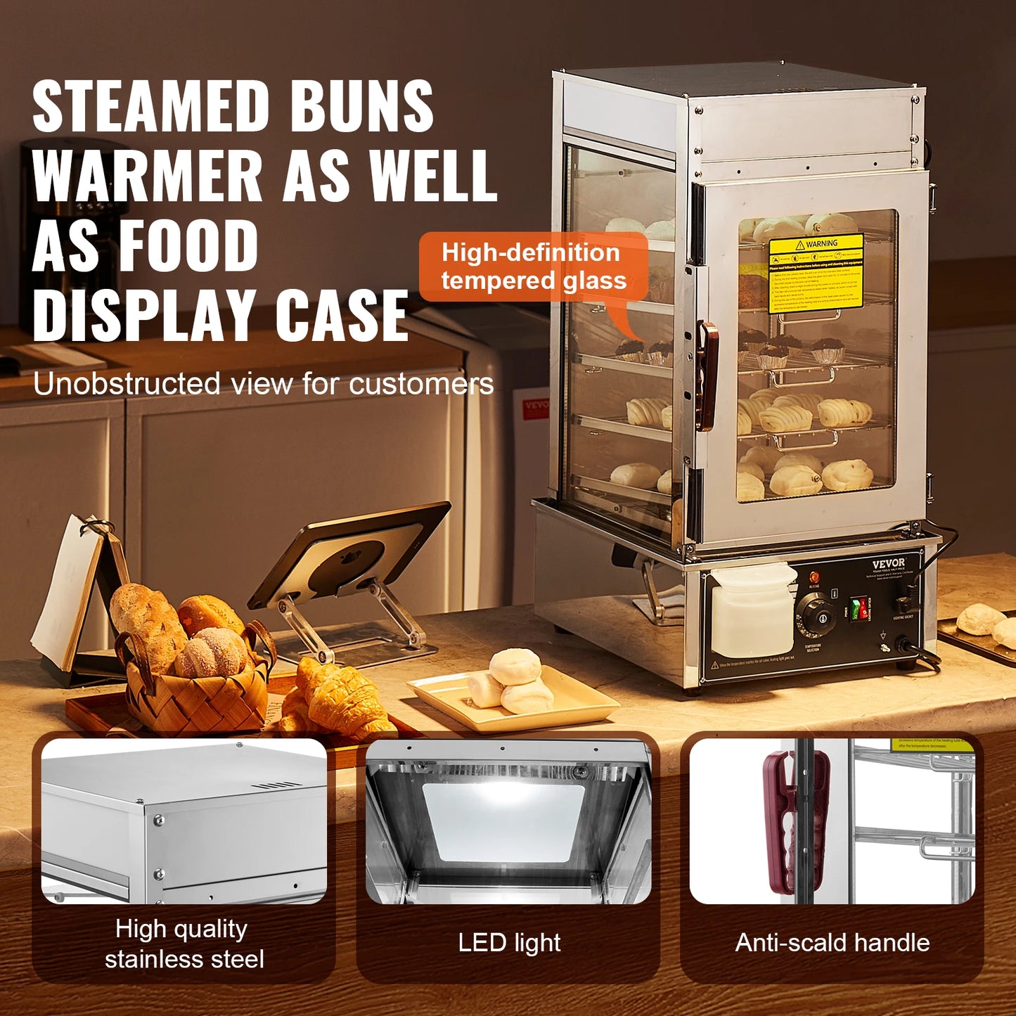 SucceBuy Commercial Food Warmer Display Food Steamer Bun Warmer Machine Temperature Control Stainless Steel Steamed Buns Warmer