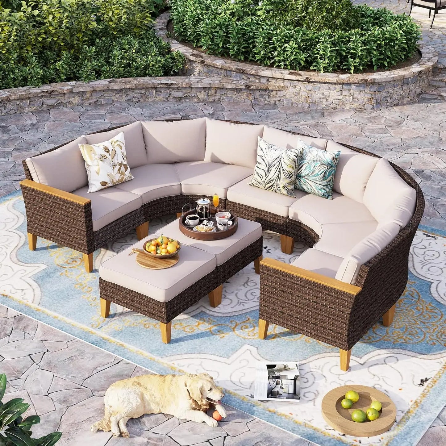 12 Piece Curved Outdoor Sectional Sofa Set Rattan Patio Conversation Set with 4 x Curved Sofa,2X Armless Sofa, 2 x Ottoman,Beige