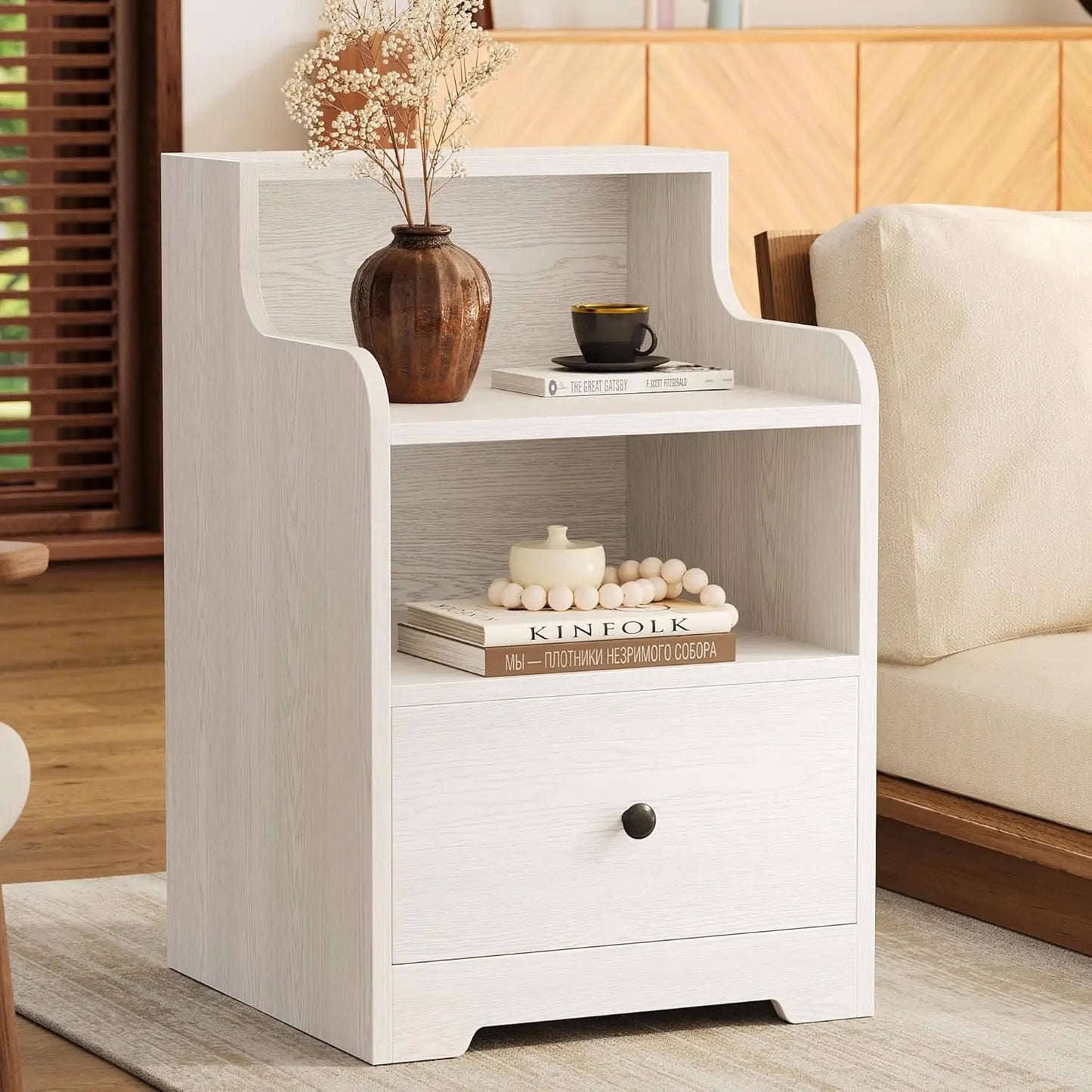 Nightstand with Drawer and Open Shelf, Bedside Table with Hutch, Modern End Table with Storage for Bedroom