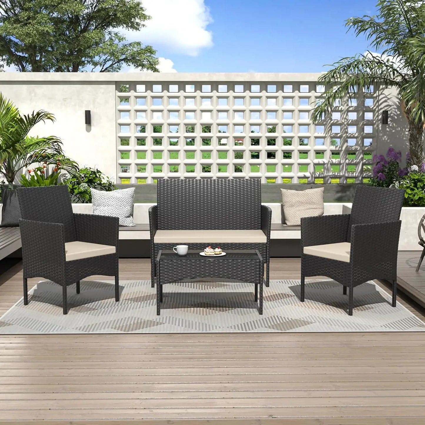 4 Pieces Patio Conversation Set Outdoor Rattan Patio Furniture Set Wicker Chairs with Soft Cushion and Glass Table for Pa