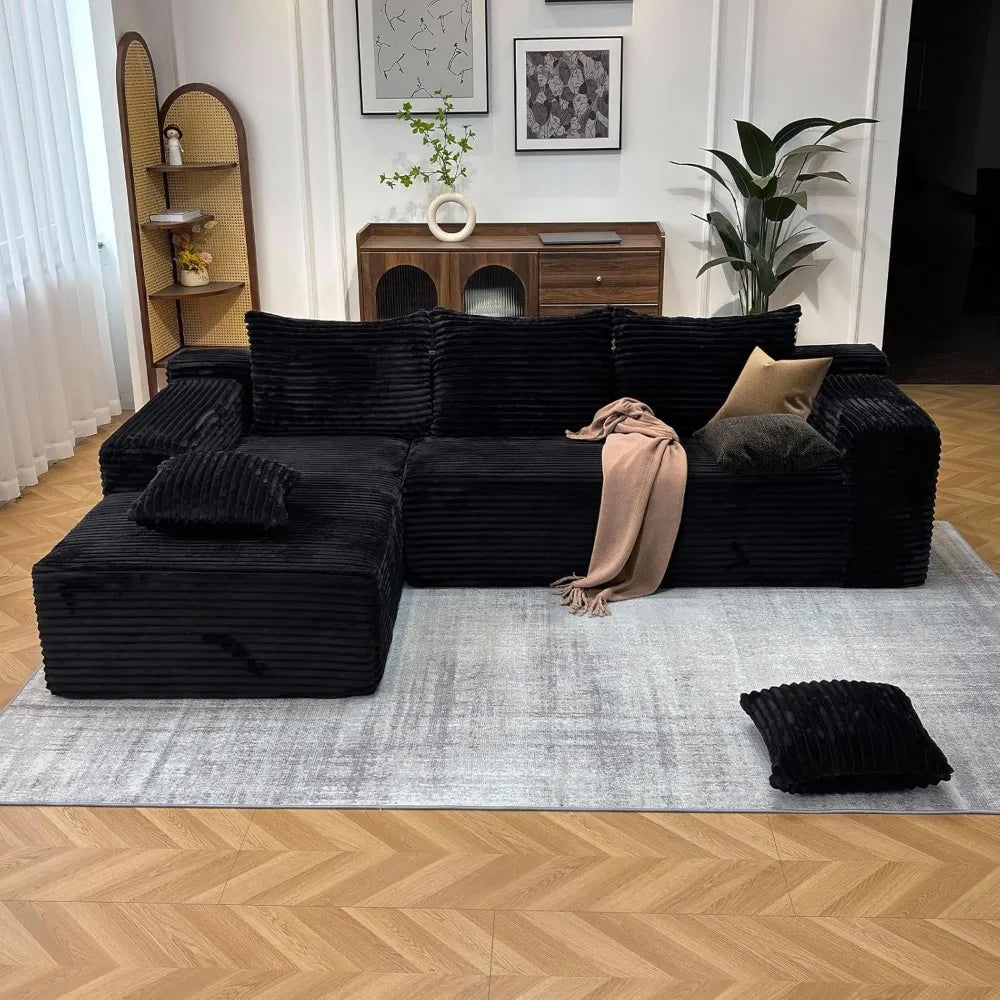 104 Inch Modern Modular L Shape Sofa Couch with Chaise Black Faux Rabbit Fur Cloud Sectional Couch