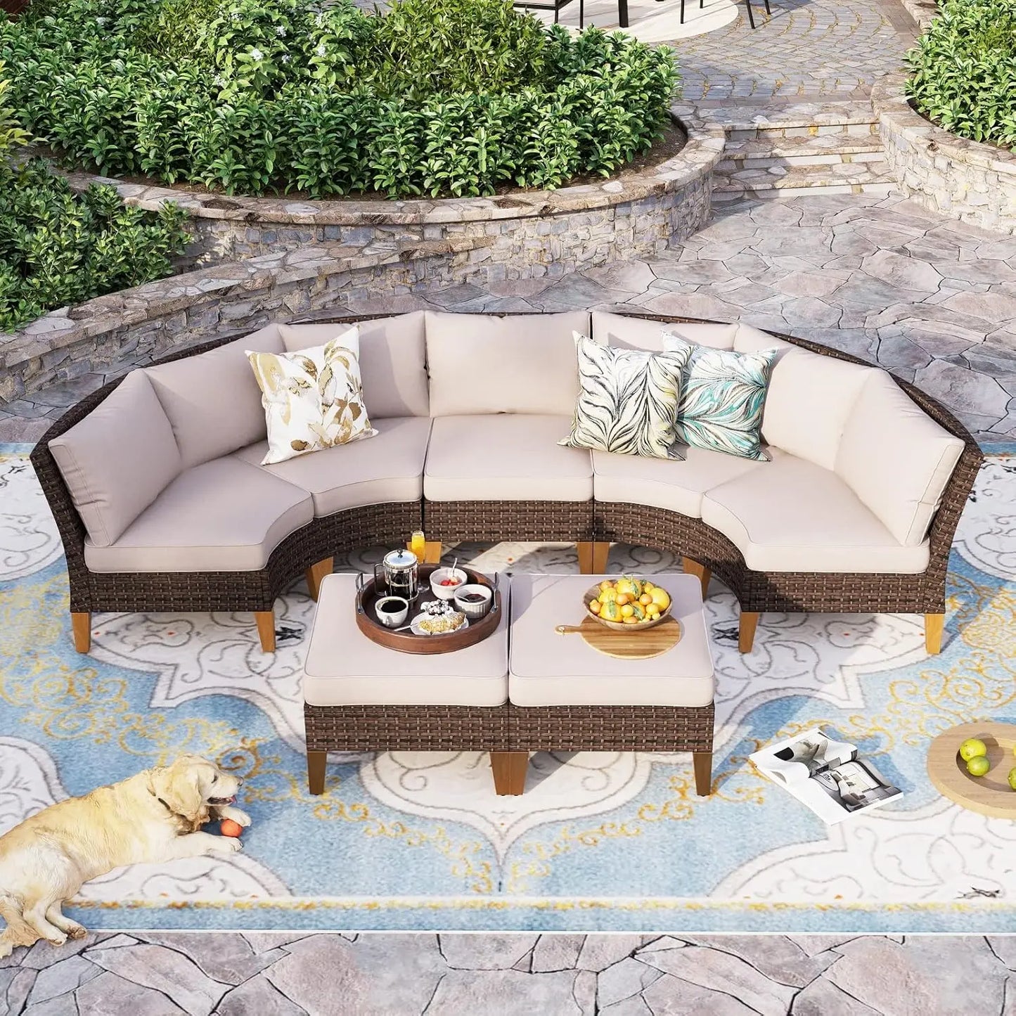 12 Piece Curved Outdoor Sectional Sofa Set Rattan Patio Conversation Set with 4 x Curved Sofa,2X Armless Sofa, 2 x Ottoman,Beige