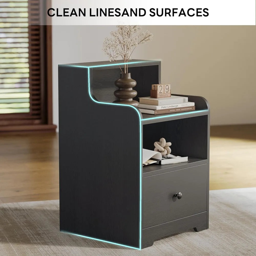 Nightstand with Drawer and Open Shelf, Bedside Table with Hutch, Modern End Table with Storage for Bedroom
