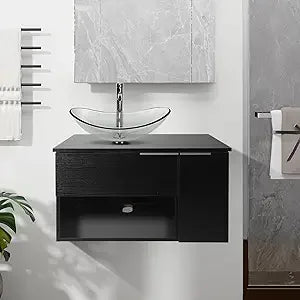 28 Inch Black Floating Bathroom Vanity with 1-Door and 1-Drawer, Modern Wall Mounted Cabinet with Blue Boat Vessel Sink Top