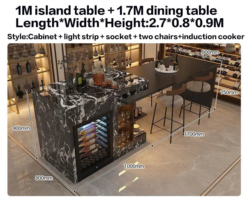 Luxury Marble Kitchen Island Set with Dining Table, Wine Refrigerator, LED Lights, 2-Layer Storage & Artistic Sculpture Base