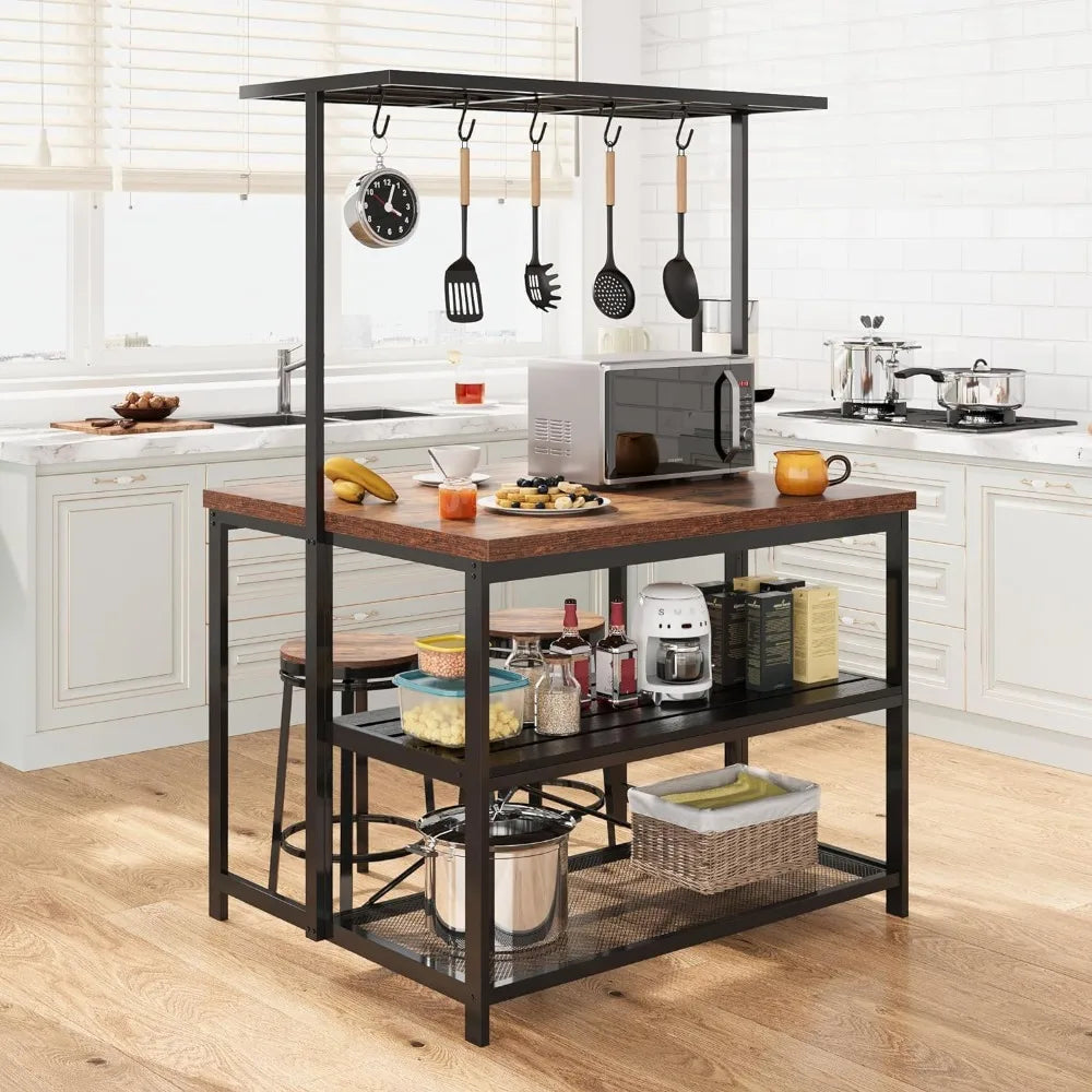Kitchen Island with Storage, 42''Island Table for Kitchen with Seating Bakers Rack Microwave Oven Stand Shelf with 3 Tier Stora