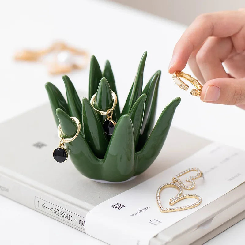Nordic Ceramic Cactus Aloe Jewelry Earring Storage Desk Ornament