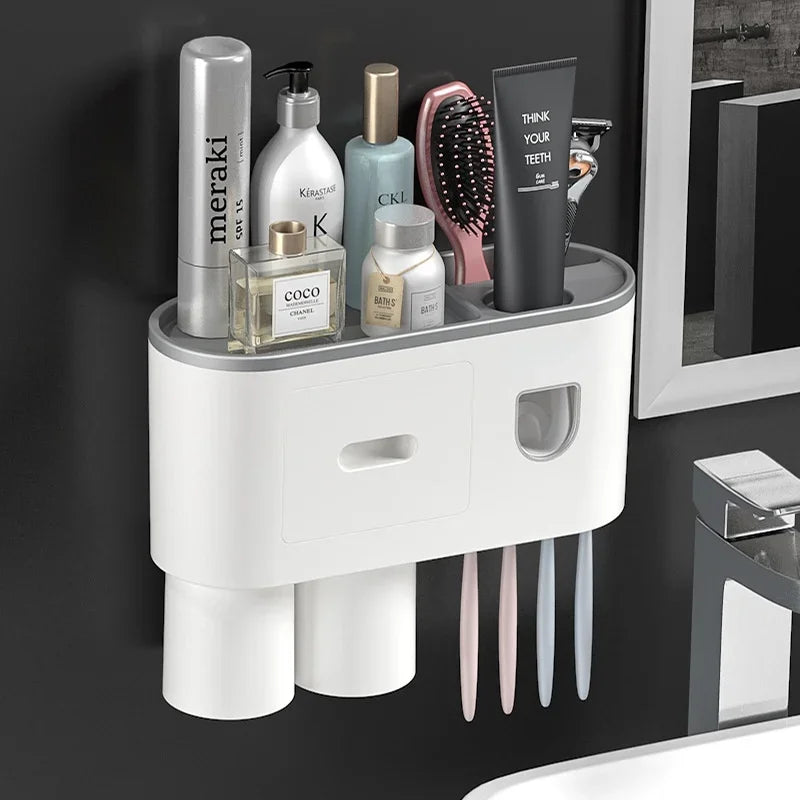 Magnetic Adsorption Inverted Toothbrush Holder Double Automatic Toothpaste Squeezer Dispenser Storage Rack Bathroom Accessories