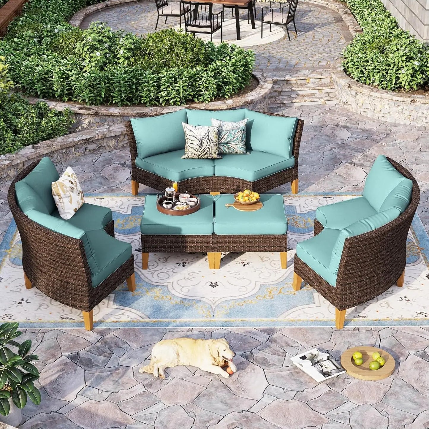 12 Piece Curved Outdoor Sectional Sofa Set Rattan Patio Conversation Set with 4 x Curved Sofa,2X Armless Sofa, 2 x Ottoman,Beige
