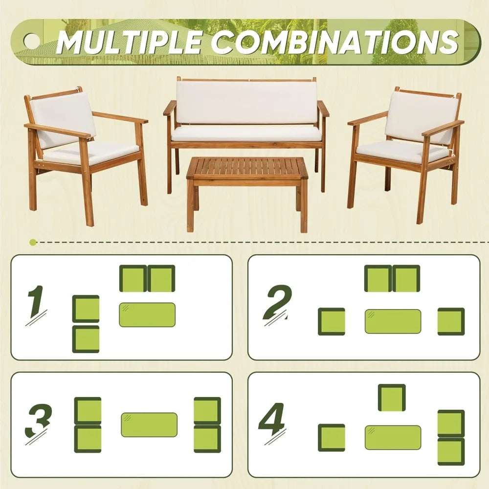 Patio Furniture Acacia Wood Sofa Set With Table And Cushions