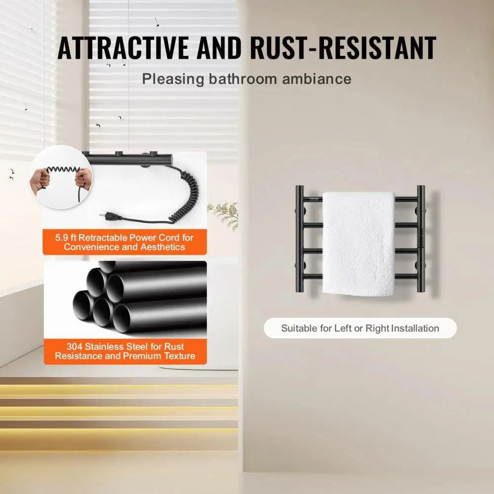 Heated Towel Rack Electric Bathroom Wall Mounted Drying Plug-in 4 Bars Matte Black