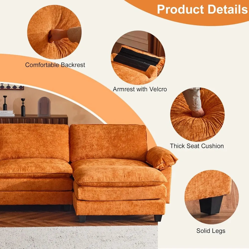 Modular Deep Seat Sectional Sofa Couch with Ottoman Chenille Upholstered Furniture for Living Room Orange