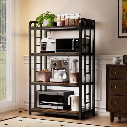 Rustic Brown Bakers Rack With Black Frame And Power Outlet