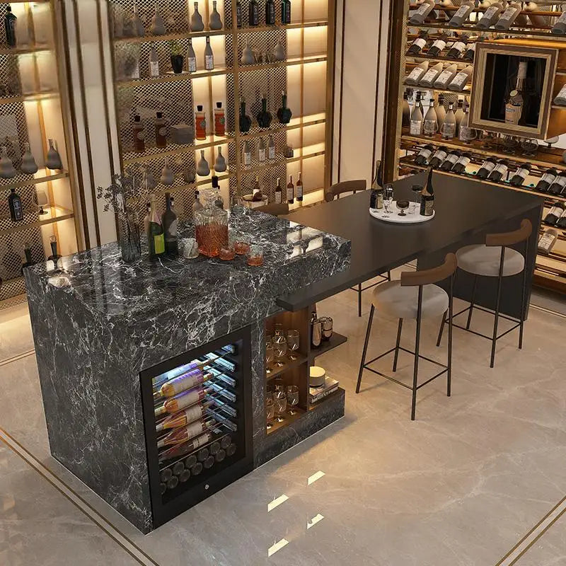 Luxury Marble Kitchen Island Set with Dining Table, Wine Refrigerator, LED Lights, 2-Layer Storage & Artistic Sculpture Base