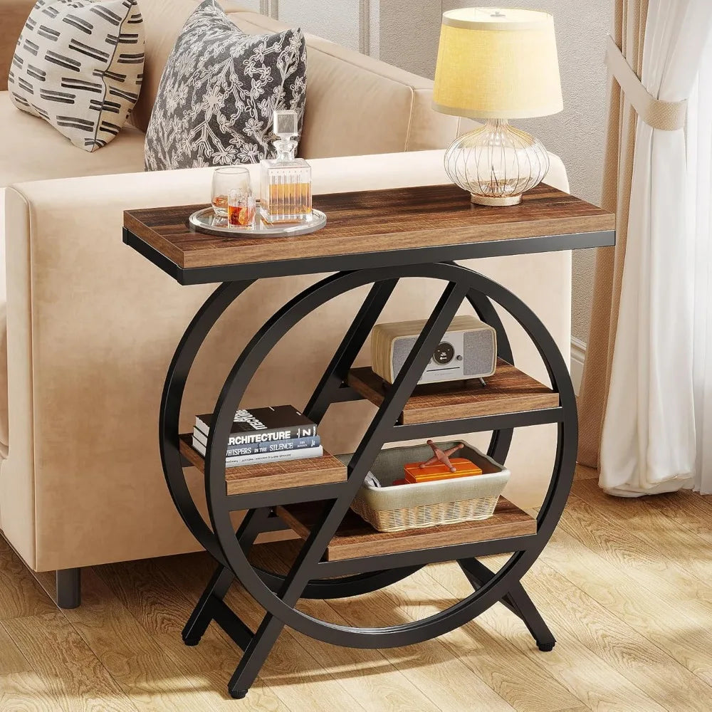 End Table Set of 2, 3-Tier Narrow Sofa Side Table with Storage for Living Room, Wood End Table with Geometric Metal Frame, Indu