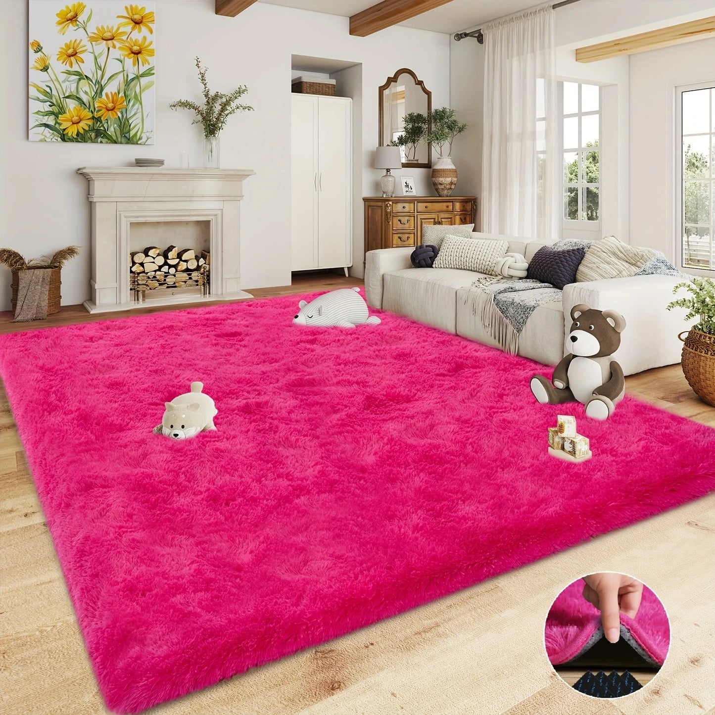 Hot Pink Soft Shaggy Non-Slip Rugs for Living Room/Bedroom/Nursery–Luxury Plush Carpet with 4 Rug Stickers,Ideal Room Decor Rug