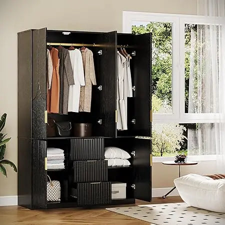 71" Wardrobe Armoire Wooden Closet with 3 Doors 3 Drawer and 2 Cabinet, Bedroom Armoire with Hanging Rod Shelf, Modern Wooden Be