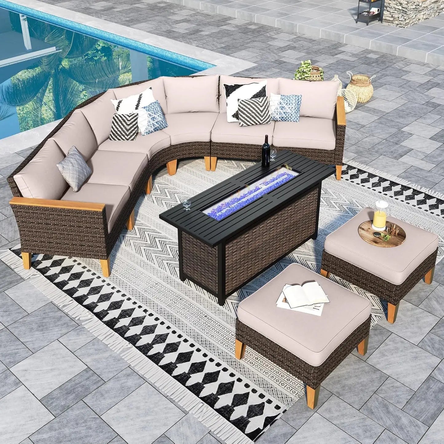 12 Piece Curved Outdoor Sectional Sofa Set Rattan Patio Conversation Set with 4 x Curved Sofa,2X Armless Sofa, 2 x Ottoman,Beige
