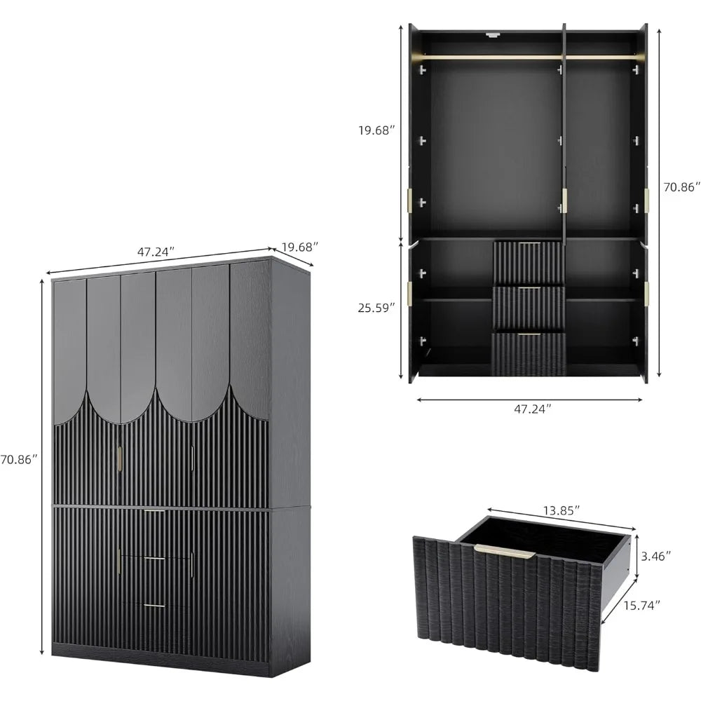 71" Wardrobe Armoire Wooden Closet with 3 Doors 3 Drawer and 2 Cabinet, Bedroom Armoire with Hanging Rod Shelf, Modern Wooden Be