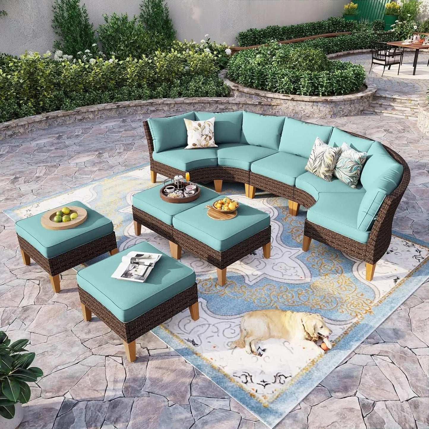 12 Piece Curved Outdoor Sectional Sofa Set Rattan Patio Conversation Set with 4 x Curved Sofa,2X Armless Sofa, 2 x Ottoman,Beige