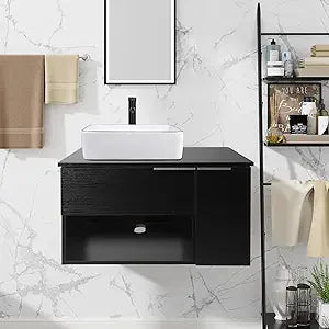 28 Inch Black Floating Bathroom Vanity with 1-Door and 1-Drawer, Modern Wall Mounted Cabinet with Blue Boat Vessel Sink Top