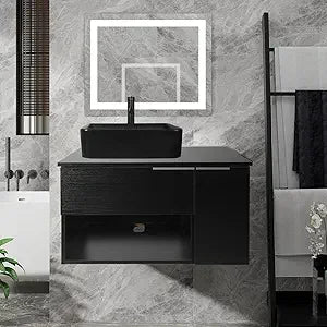 28 Inch Black Floating Bathroom Vanity with 1-Door and 1-Drawer, Modern Wall Mounted Cabinet with Blue Boat Vessel Sink Top