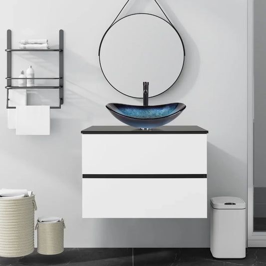 30-Inch Black and White Wall Mounted Bathroom Vanity Cabinet with 2 Drawers and Blue Boat Glass Sink
