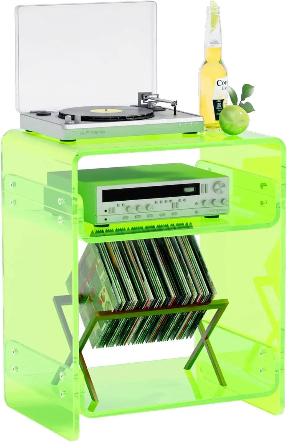 Acrylic Record Player Table with Storage Shelf \u2013 Sleek Bedside Storage with Durable Design, Perfect for Bedrooms, Living Ro