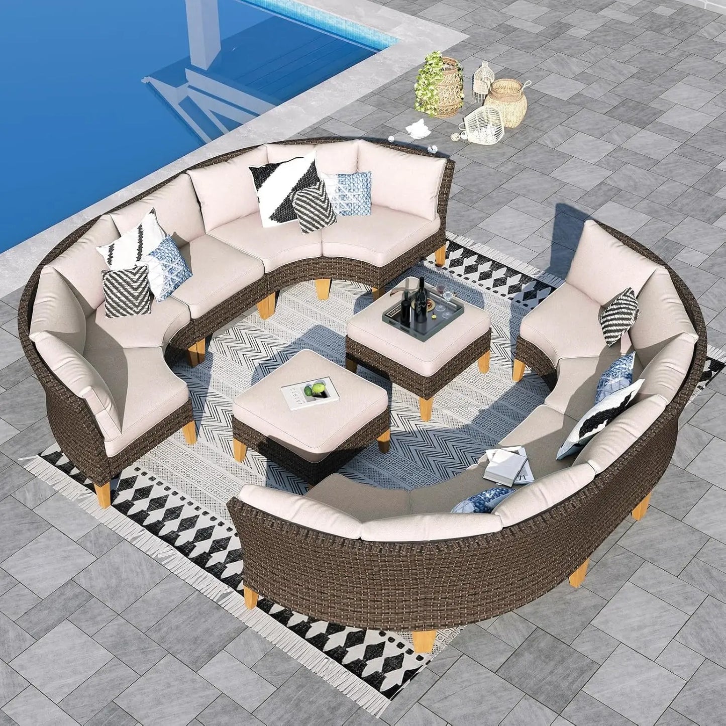 12 Piece Curved Outdoor Sectional Sofa Set Rattan Patio Conversation Set with 4 x Curved Sofa,2X Armless Sofa, 2 x Ottoman,Beige