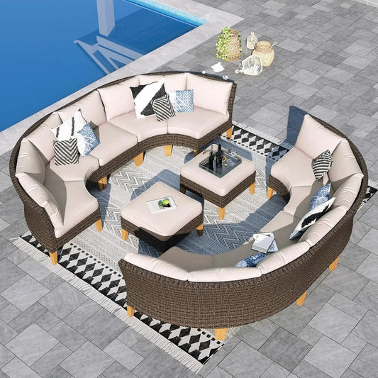 12 Piece Curved Outdoor Sectional Sofa Set Rattan Patio Conversation Set with 4 x Curved Sofa,2X Armless Sofa, 2 x Ottoman,Beige