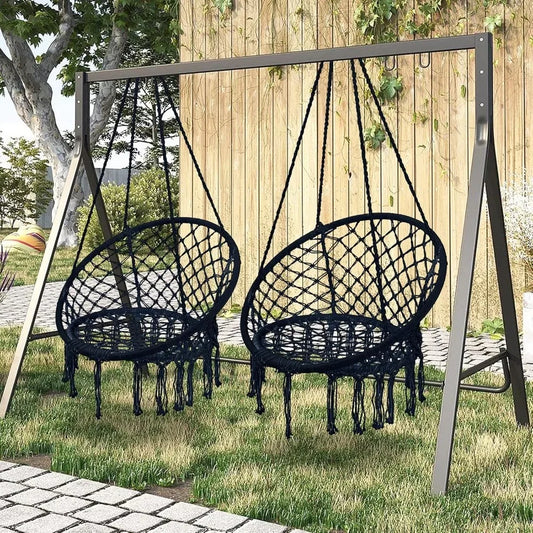 Hammock Chair Macrame Swing Set of Bohemian Style Hammock Swing Chair with Tassels Hanging Swing Chair Handmade Knitted Cotton