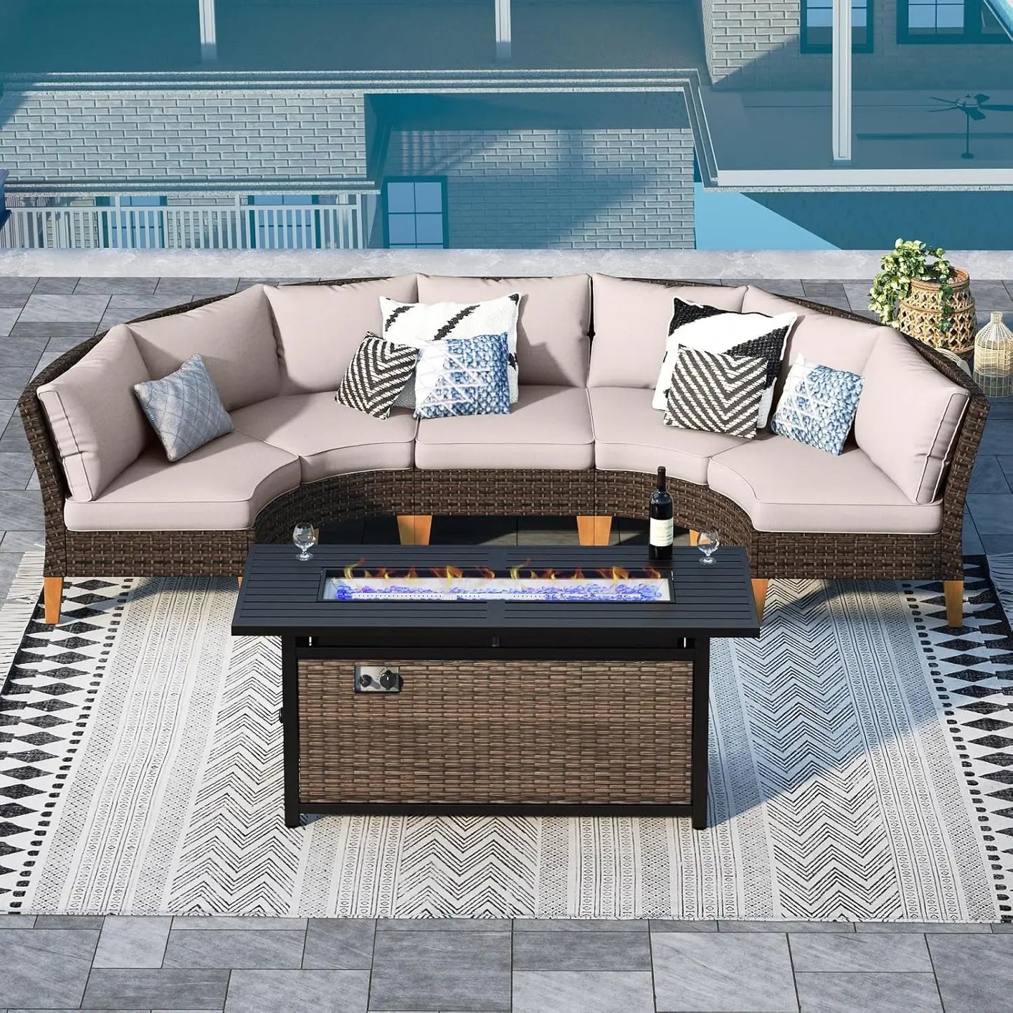 12 Piece Curved Outdoor Sectional Sofa Set Rattan Patio Conversation Set with 4 x Curved Sofa,2X Armless Sofa, 2 x Ottoman,Beige