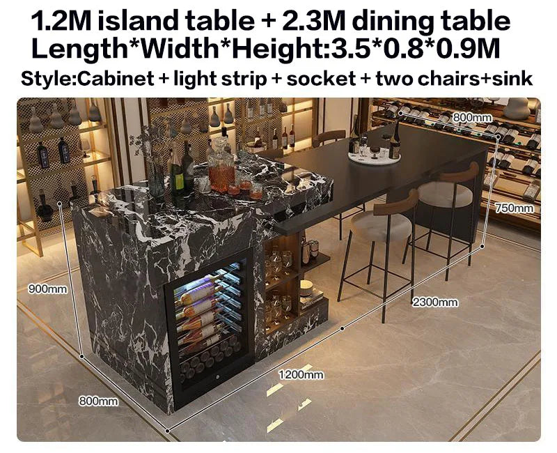 Luxury Marble Kitchen Island Set with Dining Table, Wine Refrigerator, LED Lights, 2-Layer Storage & Artistic Sculpture Base