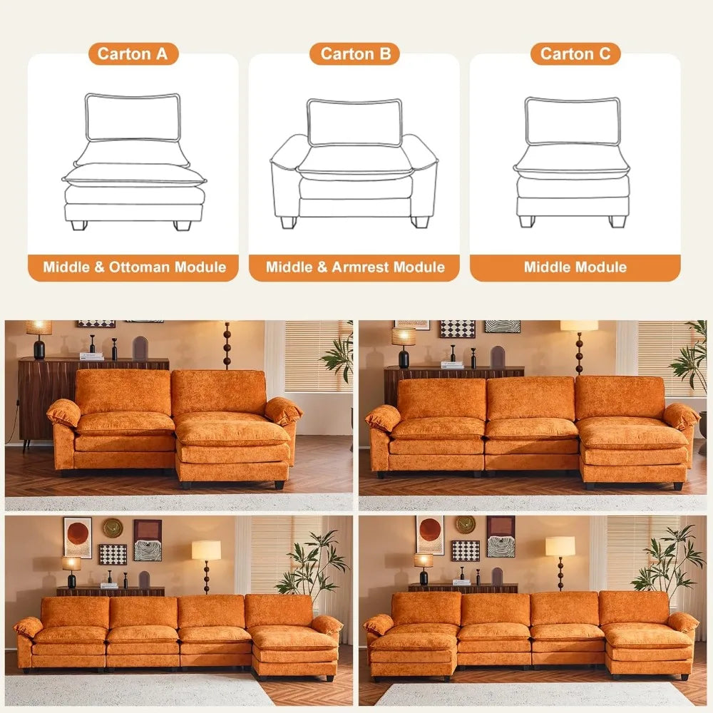 Modular Deep Seat Sectional Sofa Couch with Ottoman Chenille Upholstered Furniture for Living Room Orange