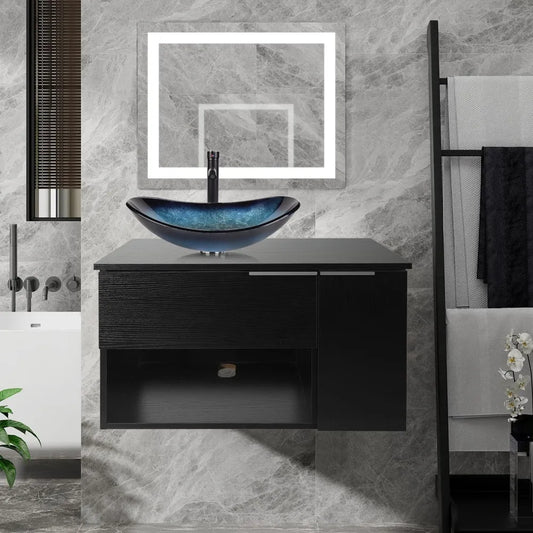 28 Inch Black Floating Bathroom Vanity with 1-Door and 1-Drawer, Modern Wall Mounted Cabinet with Blue Boat Vessel Sink Top