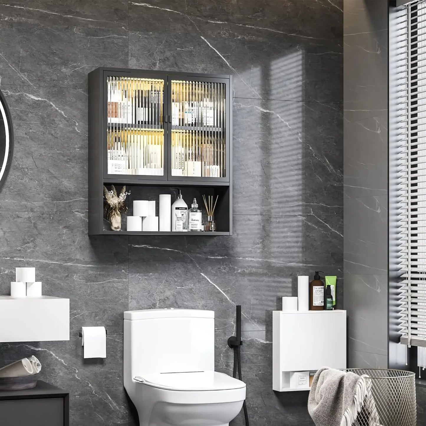 Bathroom Cabinet Wall Mount,Metal Medicine Cabinets with Glass Doors and LED Light,Wall Cabinet Over The Toilet,