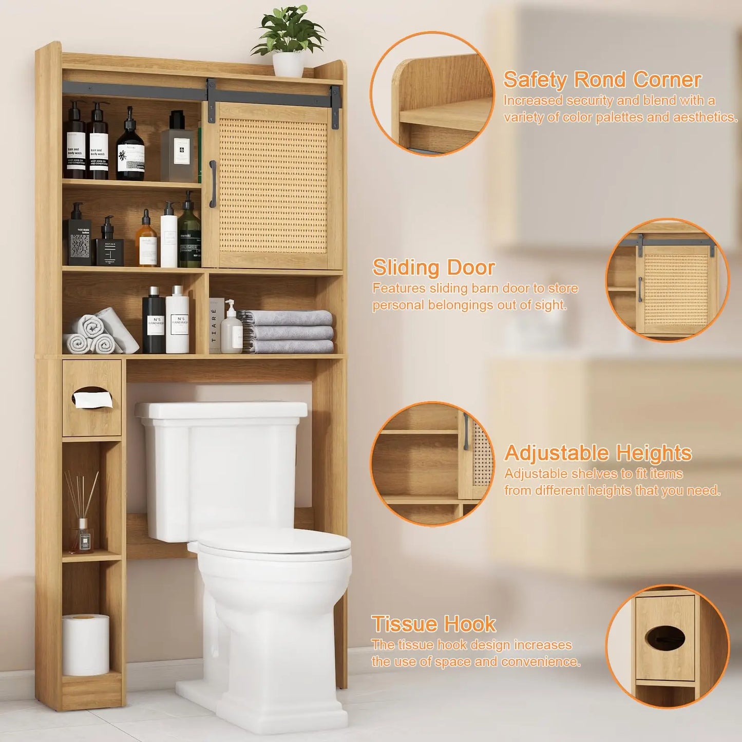 Vabches Over the Toilet Storage Cabinet Rattan Bathroom Organizer with Sliding Door&Toilet Paper Holder Space Saver Toilet Rack