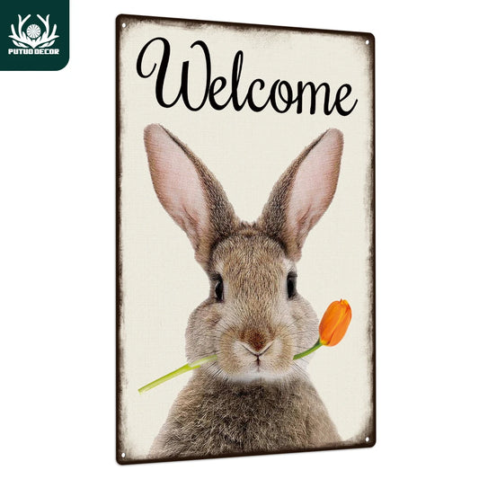 Putuo Decor Welcome Metal Sign Vintage Rabbit Tin Plaque Wall Art Decor for Home Garden Farm 7.8 x 11.8 Inches