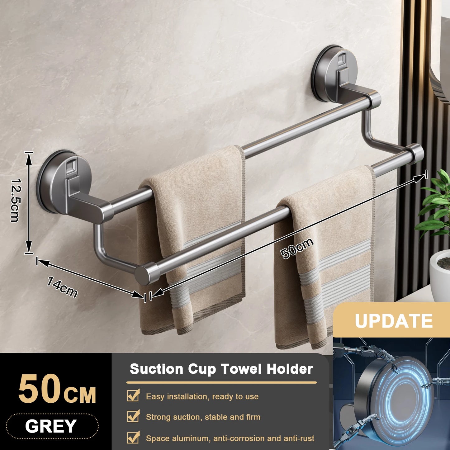RUITHOE Suction Cup Towel Rack Wall Mount Double Bar
