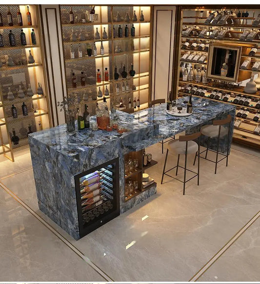 Luxury Marble Kitchen Island Set with Dining Table, Wine Refrigerator, LED Lights, 2-Layer Storage & Artistic Sculpture Base