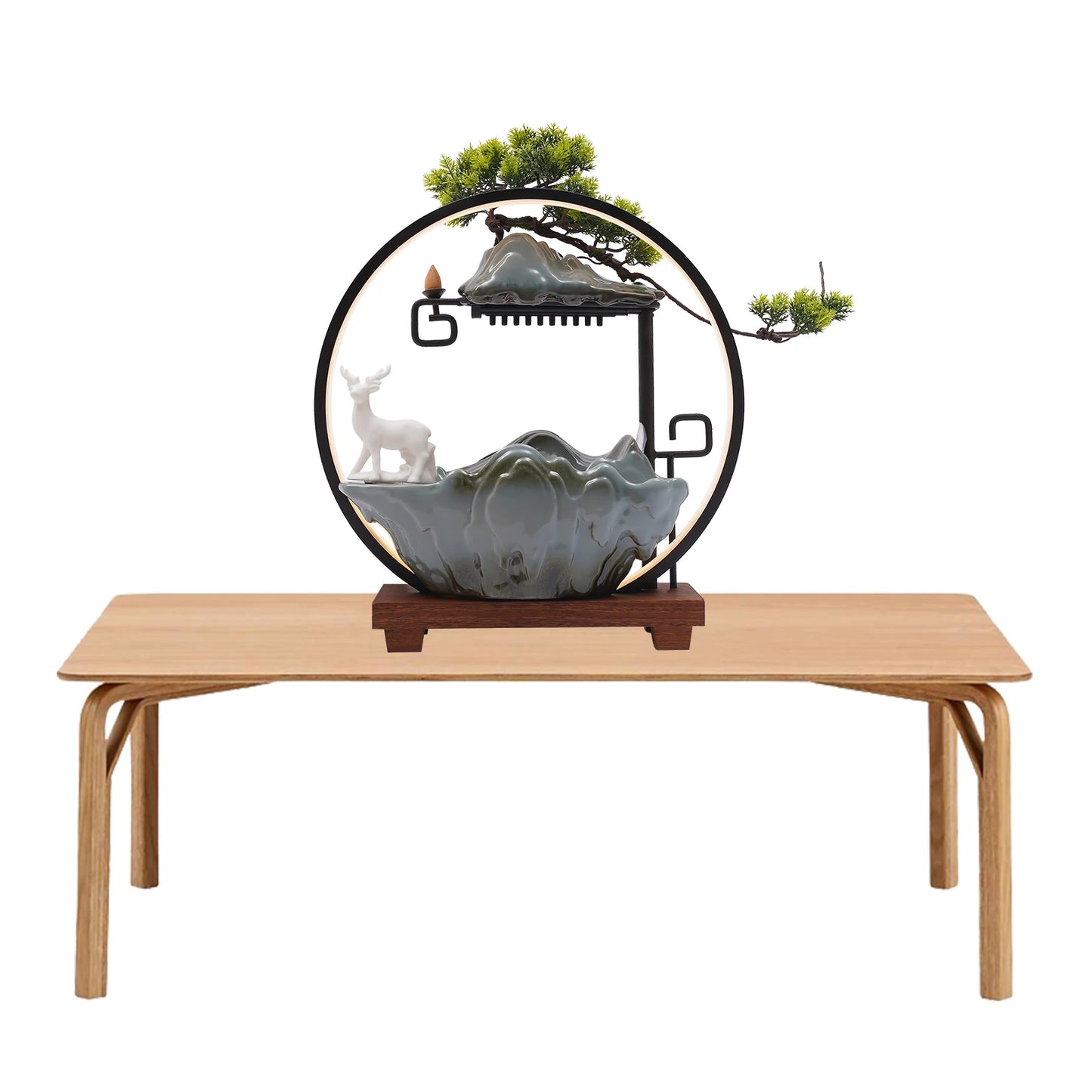 Indoor Ceramic Tabletop Fountain with LED Lights Mist Deer and Plants Waterfall Design for Home Spa and Yoga Relaxation