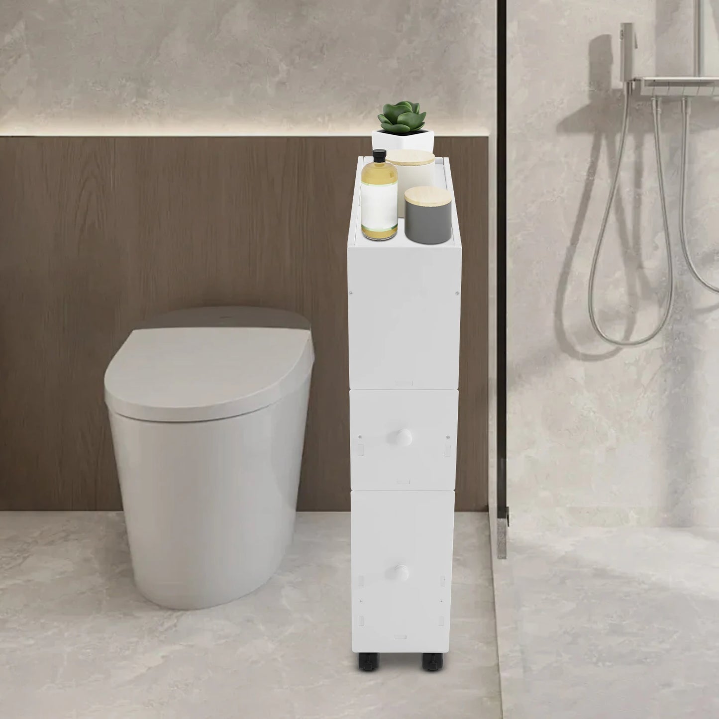 White Narrow Bathroom Storage Cabinet, Modern PVC Floor Standing Cabinet W/ Drawers, Carved Rectangular Side Cabinet for Toilet