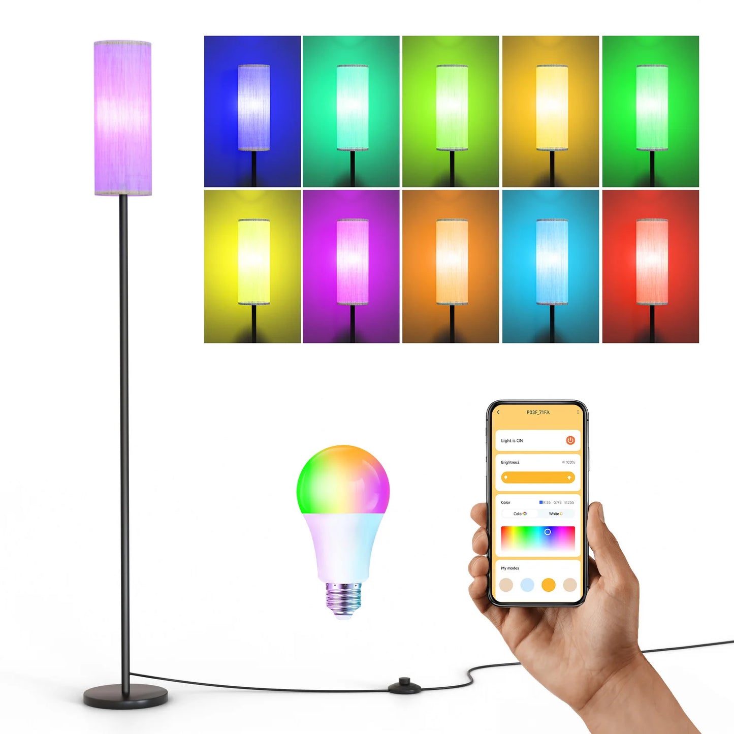 1PC 63 - inch Modern RGB Floor Lamp with Voice Control: Dimmable, Ideal for Bedroom/Party, Adjustable Warm Light