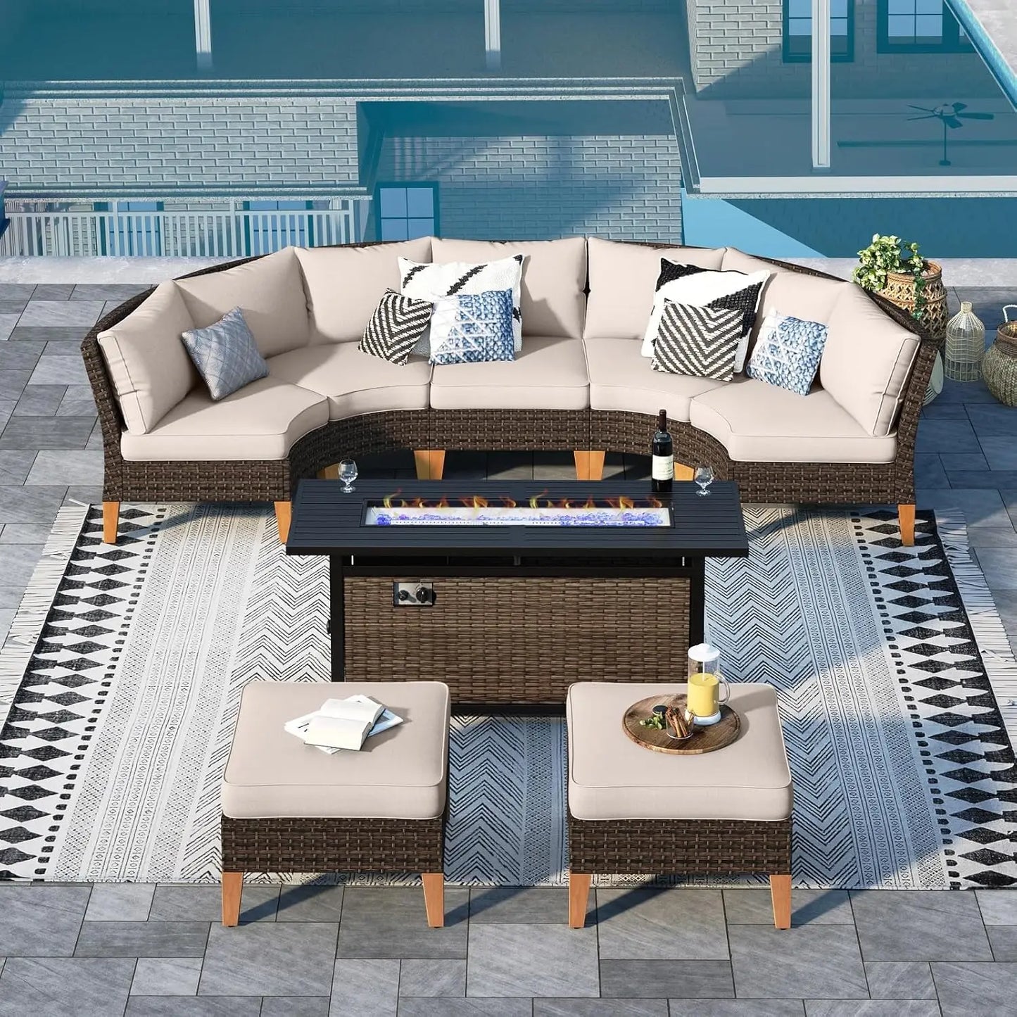 12 Piece Curved Outdoor Sectional Sofa Set Rattan Patio Conversation Set with 4 x Curved Sofa,2X Armless Sofa, 2 x Ottoman,Beige